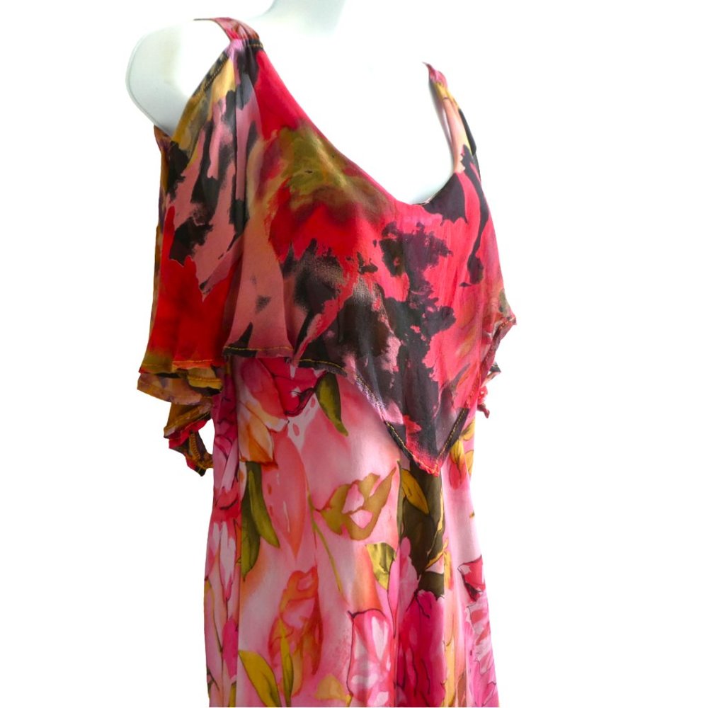 SiLK URU Maxi Dress Bias Cut Hand Made OOAK Watercolors Mixed Media L - Picture 2 of 9